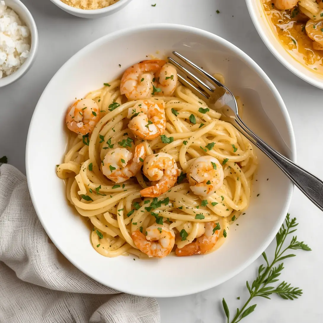 A serving of creamy shrimp tetrazzini in a white bowl with fresh herbs.