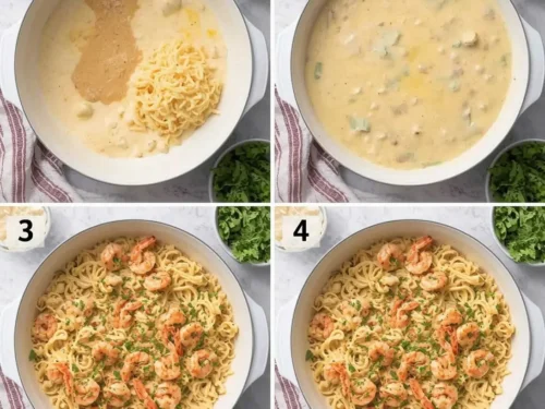 A serving of creamy shrimp tetrazzini in a white bowl with fresh herbs.