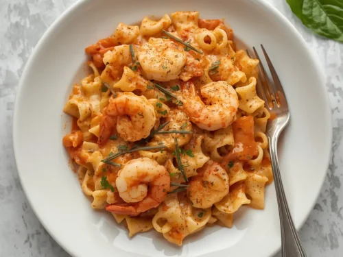 A serving of creamy shrimp tetrazzini in a white bowl with fresh herbs.