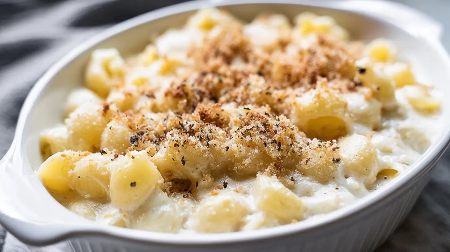 Close-up of golden-brown truffle mac and cheese in a rustic bowl.