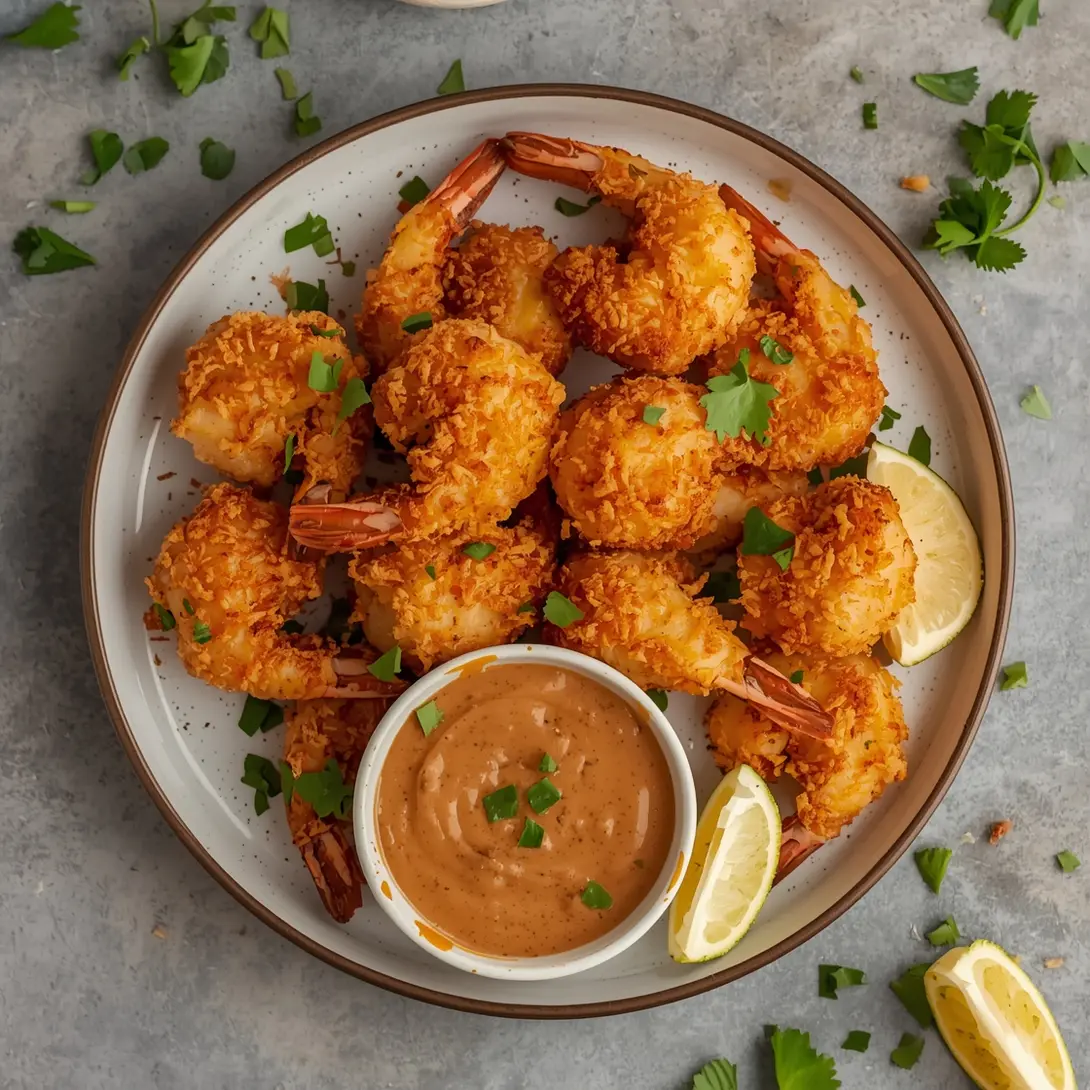 A plate of golden crispy coconut shrimp served with a dipping sauce.