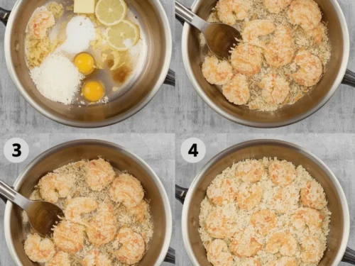 A plate of golden crispy coconut shrimp served with a dipping sauce.
