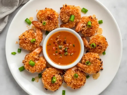 A plate of golden crispy coconut shrimp served with a dipping sauce.