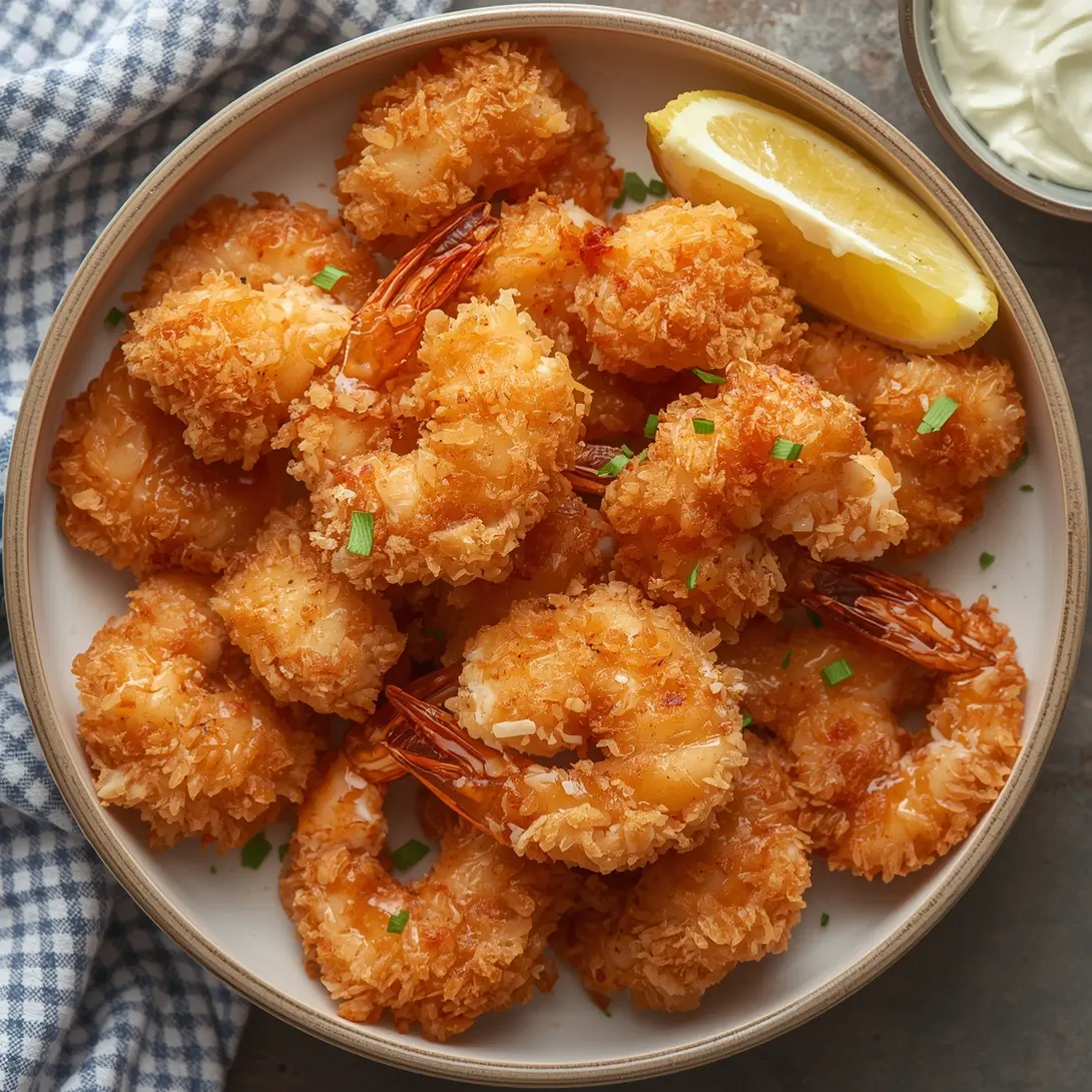 A plate of golden crispy coconut shrimp served with a dipping sauce.