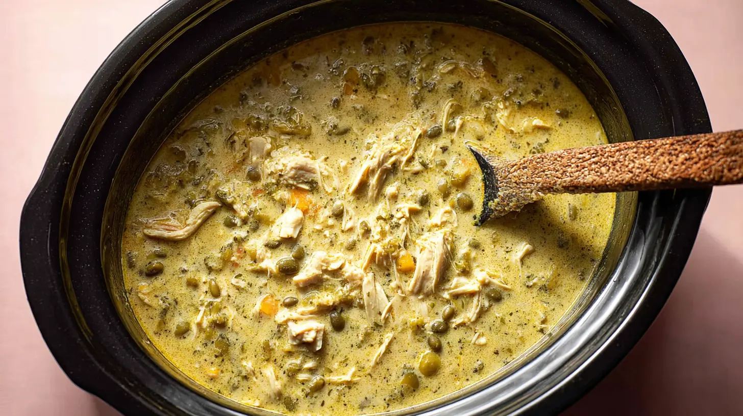 A steaming bowl of crock pot green enchilada chicken soup garnished with fresh cilantro and a dollop of sour cream.