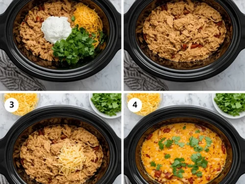 A close-up view of a bubbling crockpot chicken enchilada casserole, ready to serve.