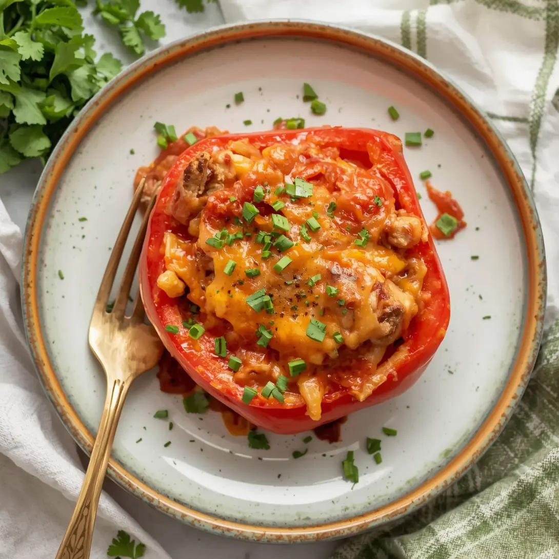 A serving of Crockpot Chicken Enchilada Stuffed Peppers on a plate