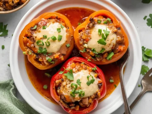 A serving of Crockpot Chicken Enchilada Stuffed Peppers on a plate