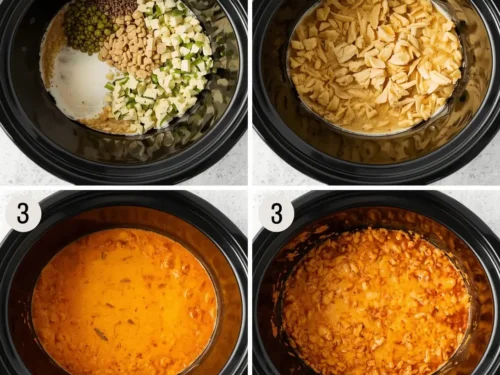 A bubbling pot of Crockpot Chicken Quinoa Enchiladas, garnished with fresh cilantro.