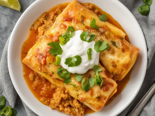 A bubbling pot of Crockpot Chicken Quinoa Enchiladas, garnished with fresh cilantro.