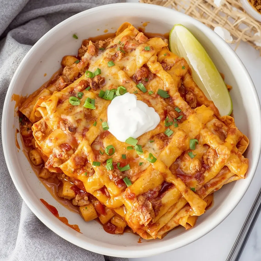 A bubbling pot of Crockpot Chicken Quinoa Enchiladas, garnished with fresh cilantro.