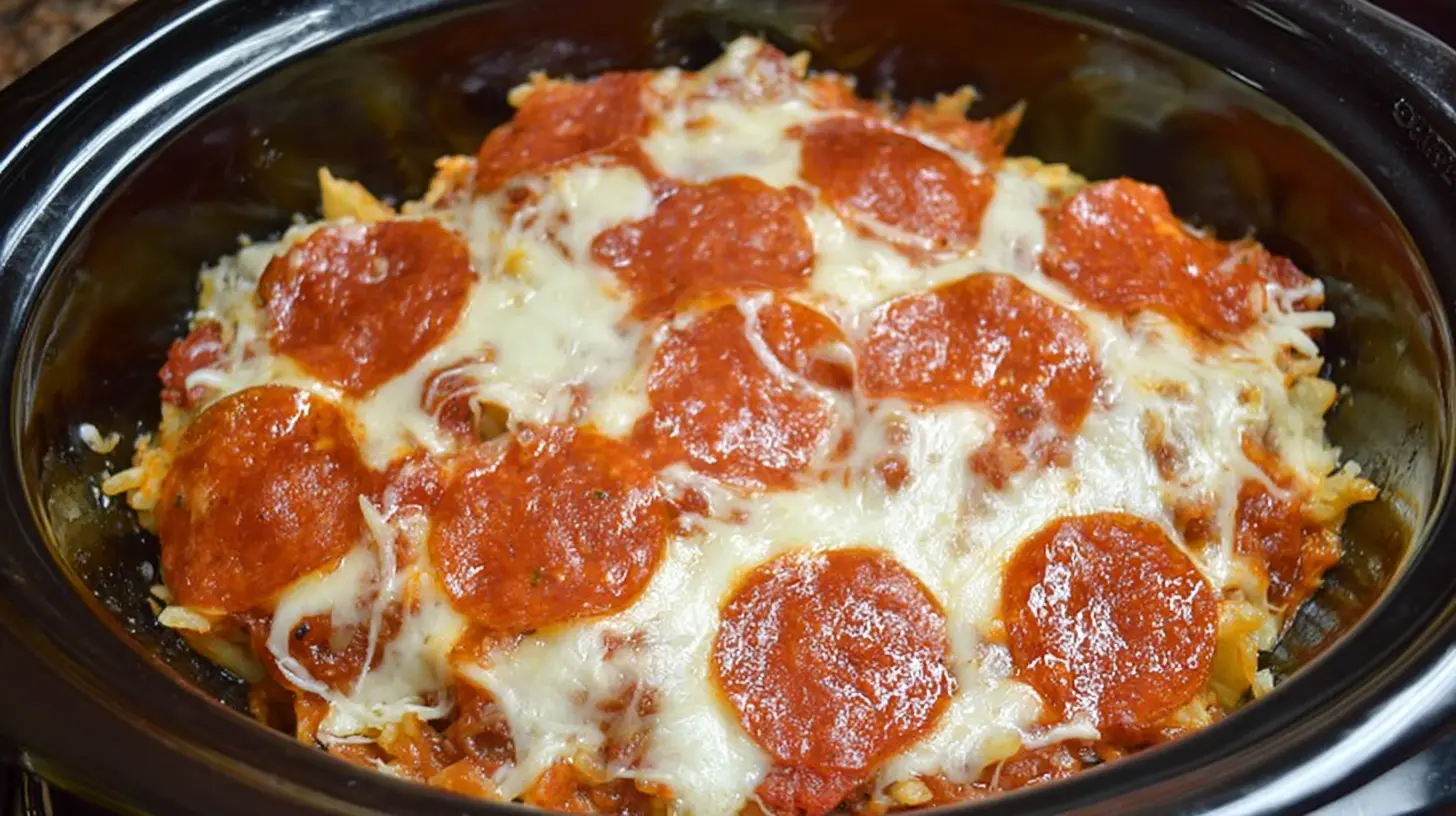 A bubbling crockpot pizza casserole ready to serve