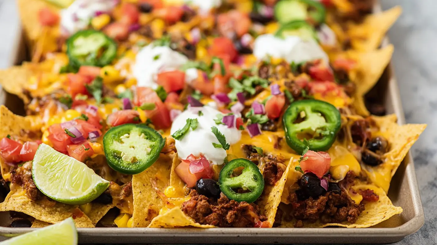 A baking sheet full of loaded nachos being cooked in the oven.