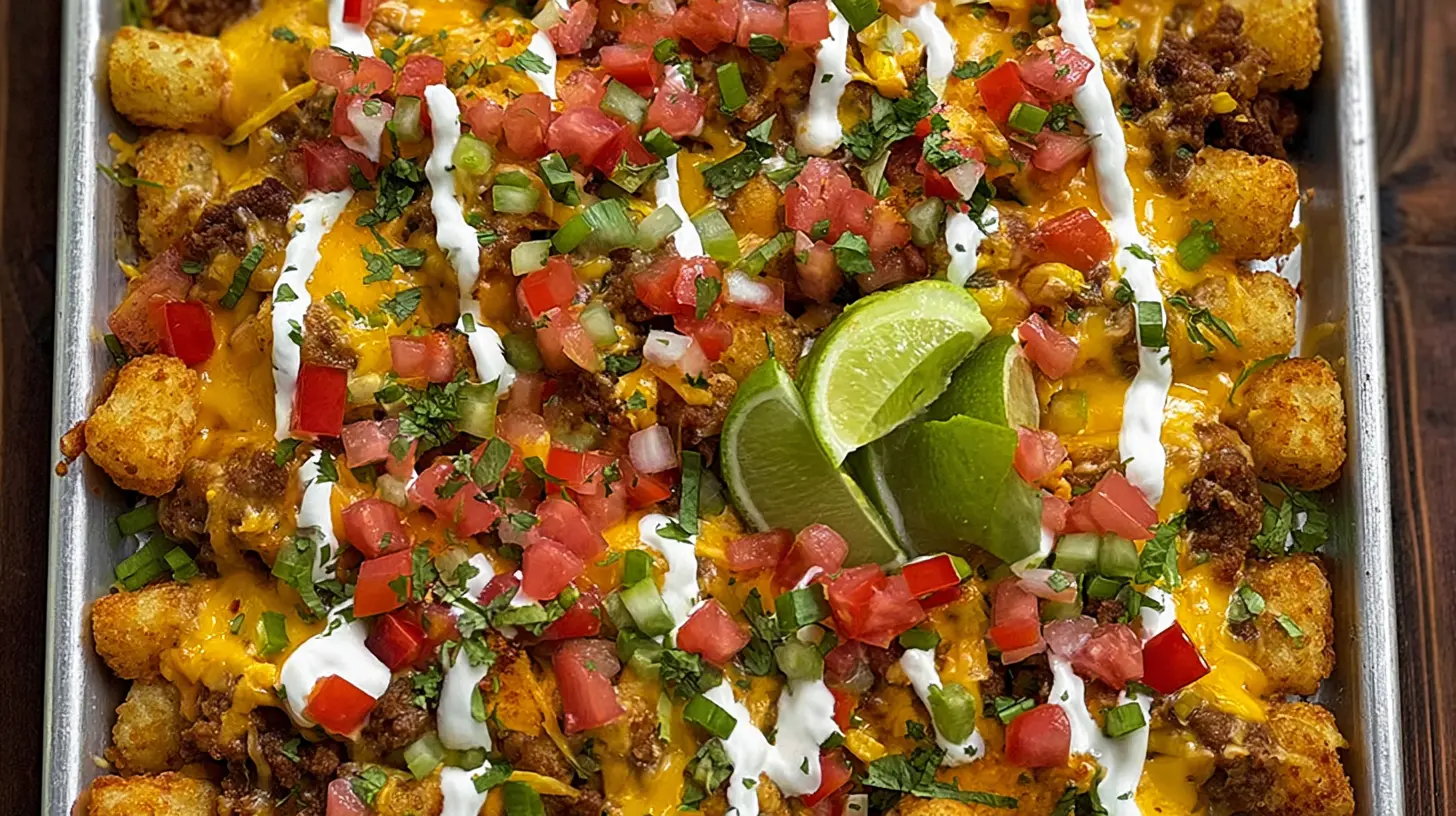 An overhead shot of crispy tater tot nachos piled high with cheese and toppings