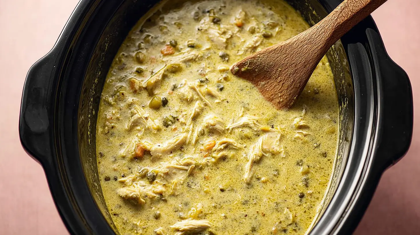 Close-up of crock pot green enchilada chicken soup, rich with shredded chicken and melted cheese.