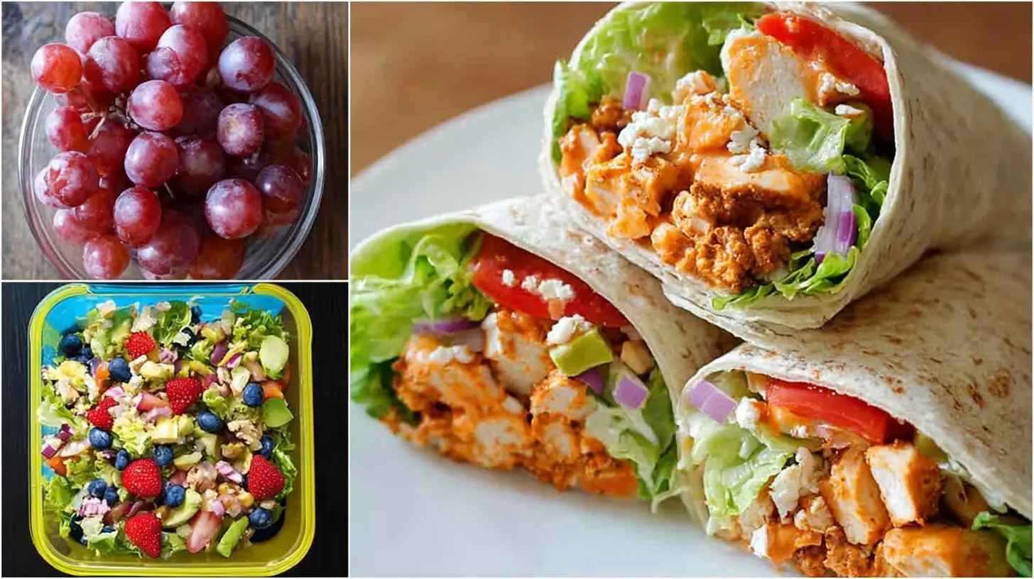 A collection of varied easy lunch ideas arranged appealingly.
