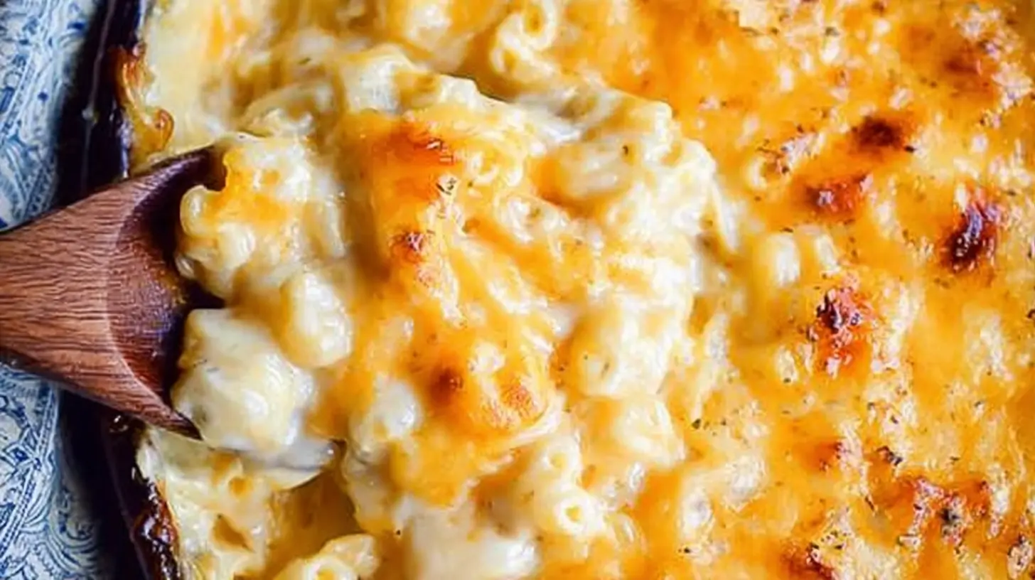 A baking dish filled with a creamy, golden-brown mac and cheese recipe.