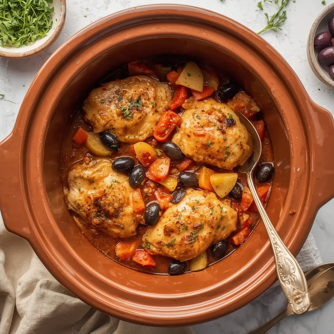 A ceramic crockpot filled with Mediterranean crockpot chicken, tomatoes, olives, and herbs, ready to serve.