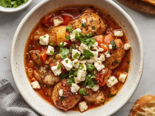 A ceramic crockpot filled with Mediterranean crockpot chicken, tomatoes, olives, and herbs, ready to serve.