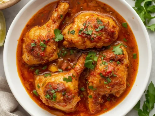 A ceramic crockpot filled with Mediterranean crockpot chicken, tomatoes, olives, and herbs, ready to serve.