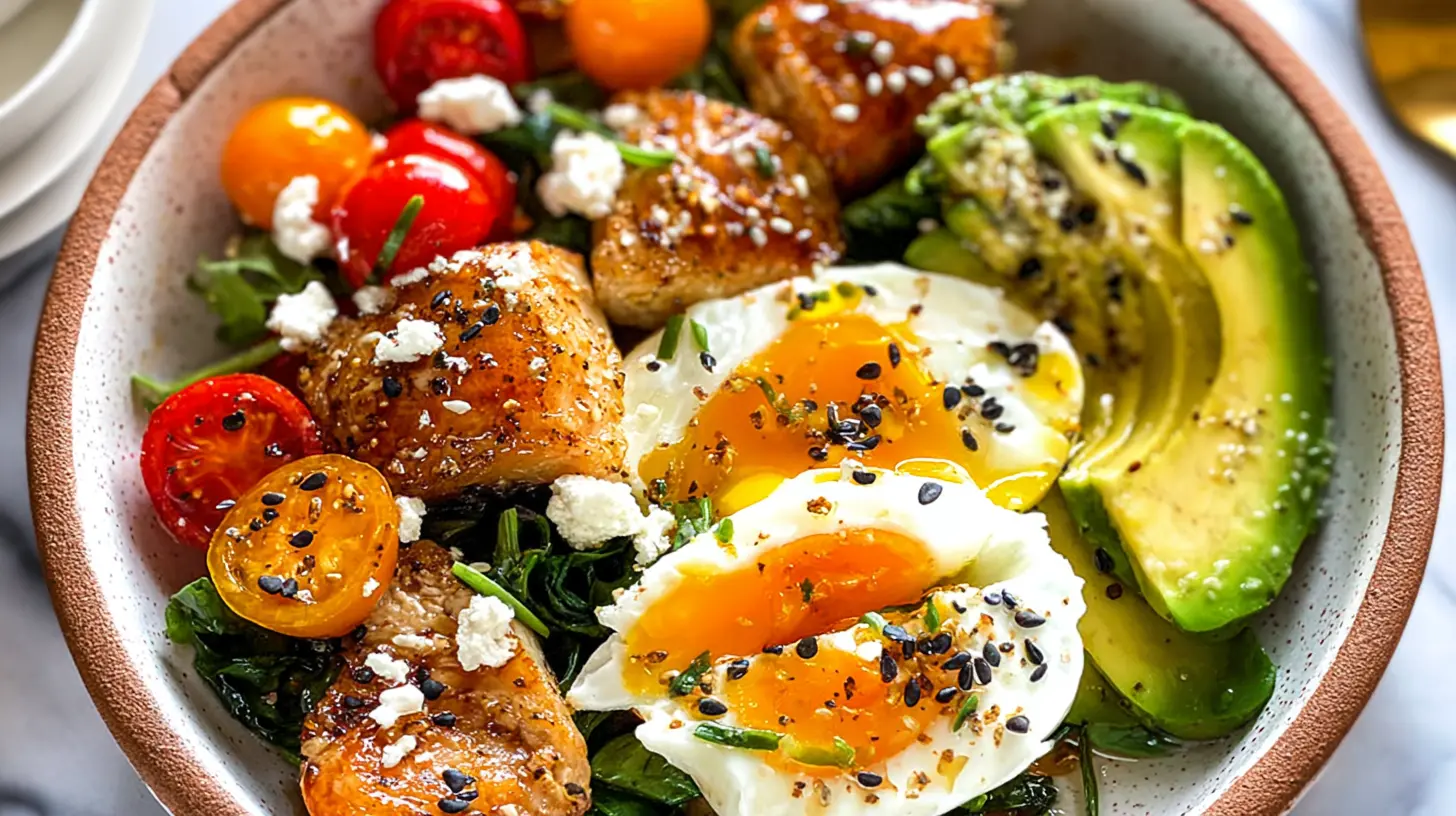 Assorted savory breakfast recipes arranged beautifully on a wooden board