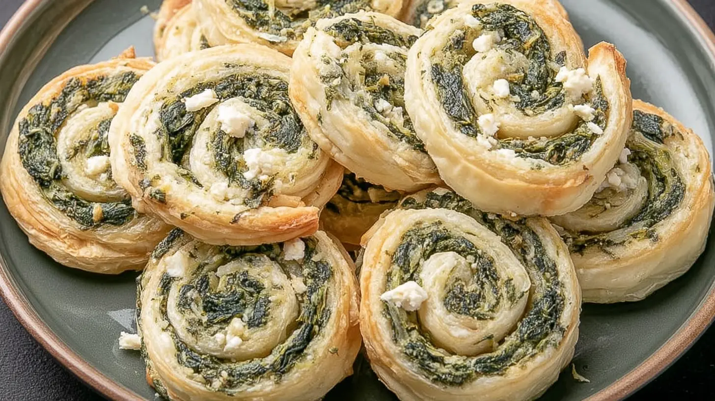 Several homemade spinach pinwheels arranged neatly on a serving platter.