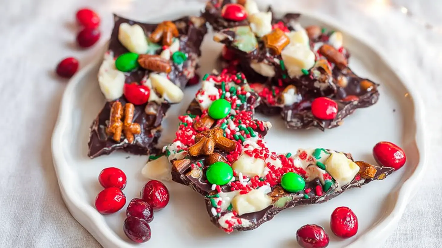 A close-up of colorful and festive Christmas bark, adorned with sprinkles and candies.