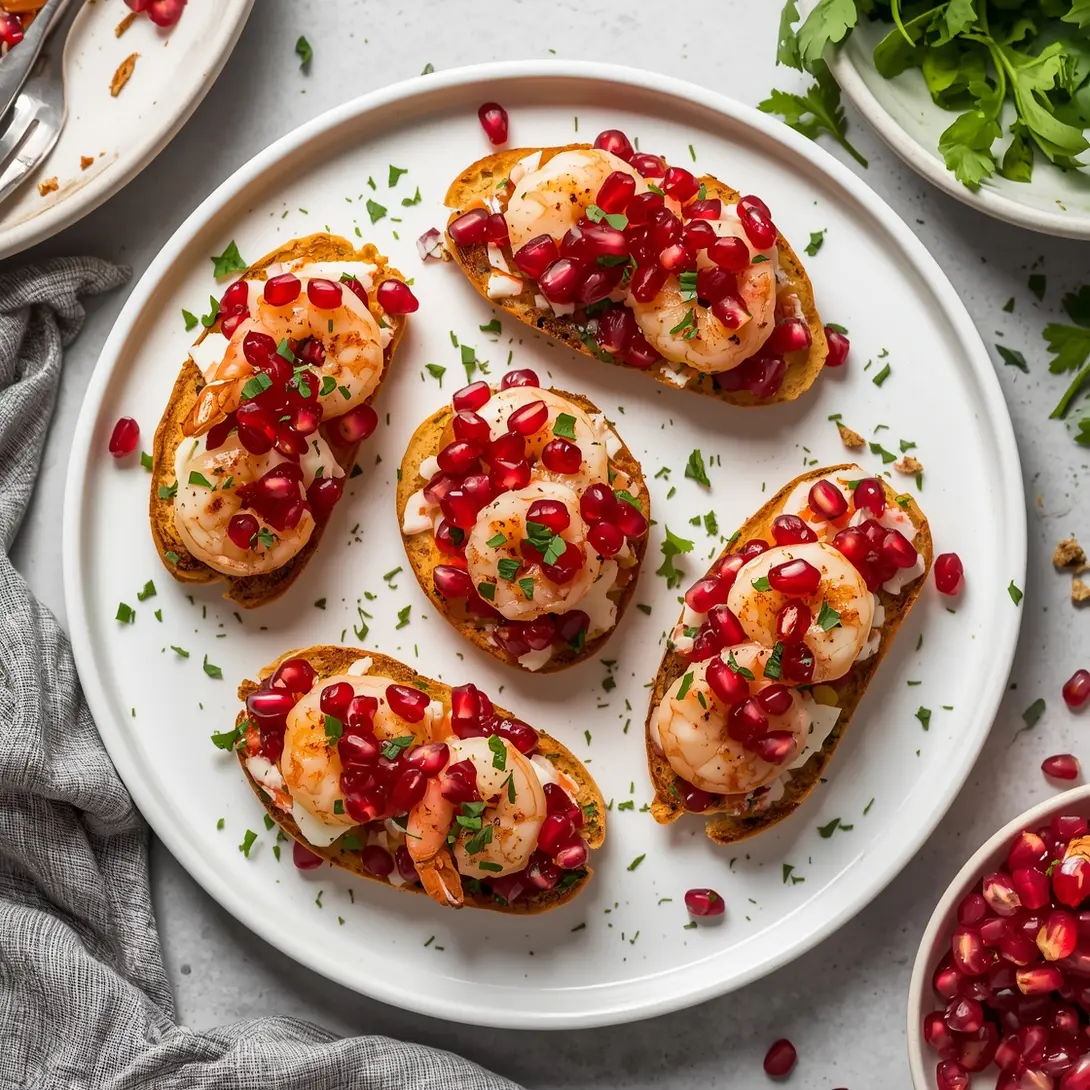Festive shrimp bruschetta topped with vibrant pomegranate seeds on a white plate