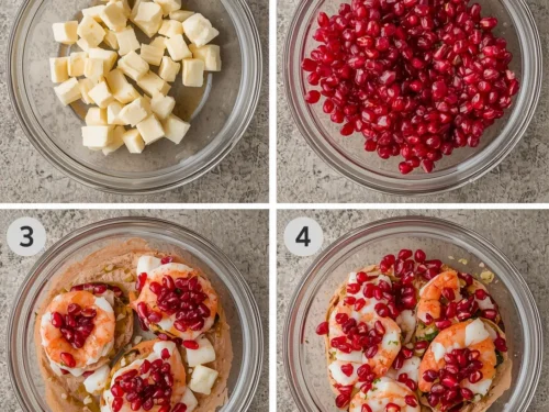 Festive shrimp bruschetta topped with vibrant pomegranate seeds on a white plate