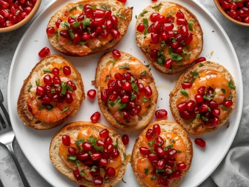 Festive shrimp bruschetta topped with vibrant pomegranate seeds on a white plate
