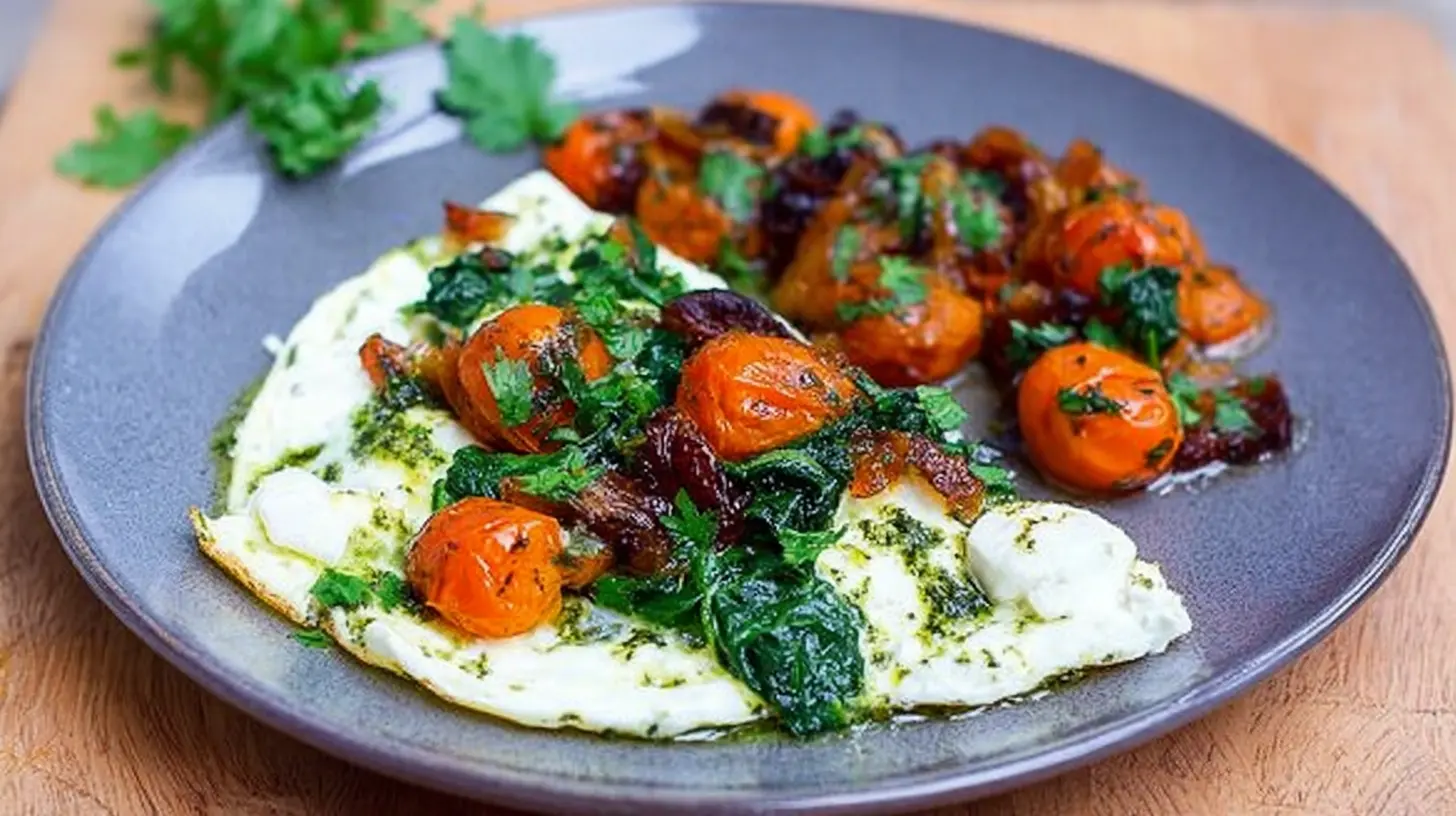 A delicious dish of feta eggs served with vibrant tomatoes and fresh spinach.