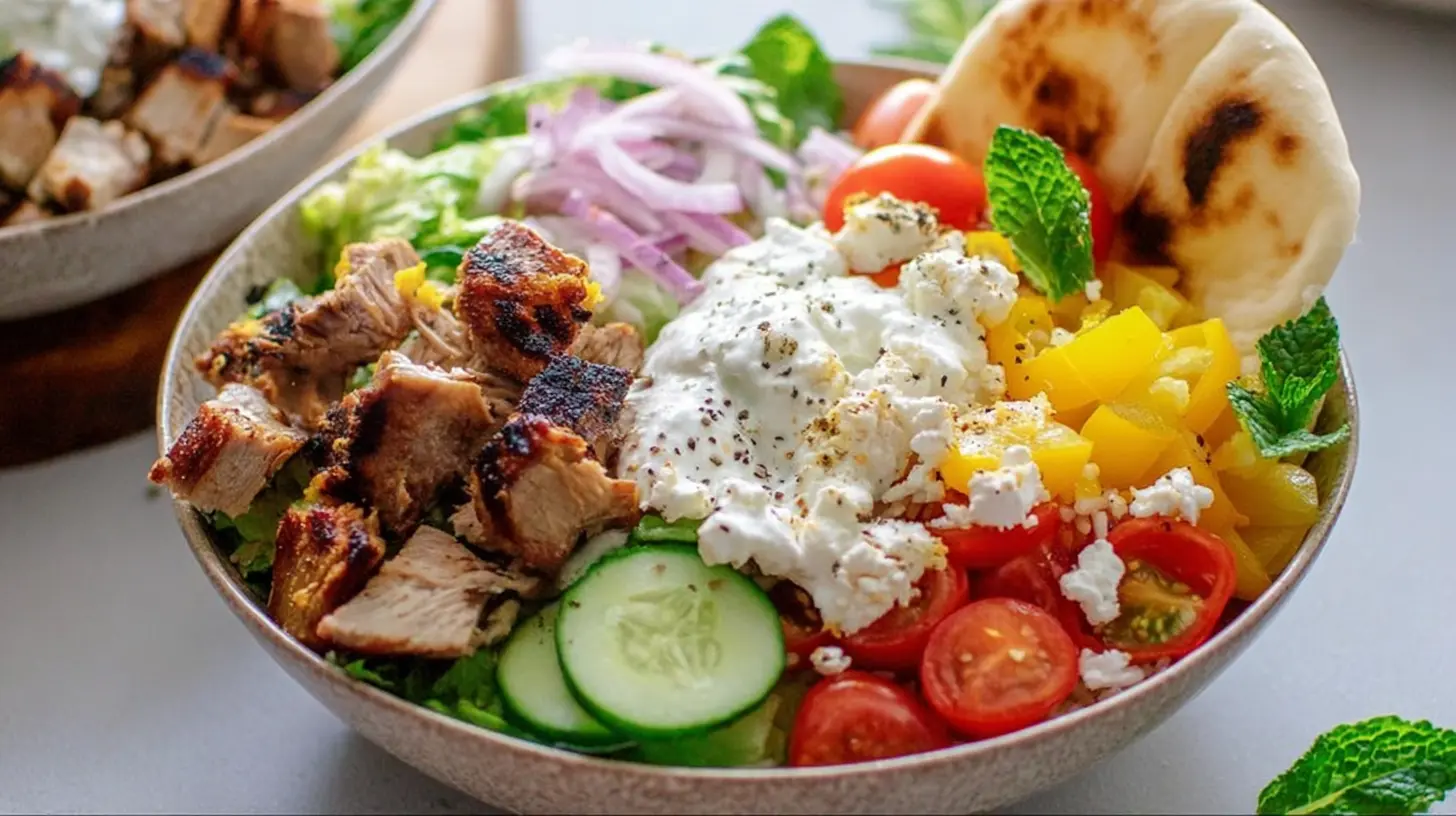 Close-up of a chicken shawarma bowl piled high with ingredients