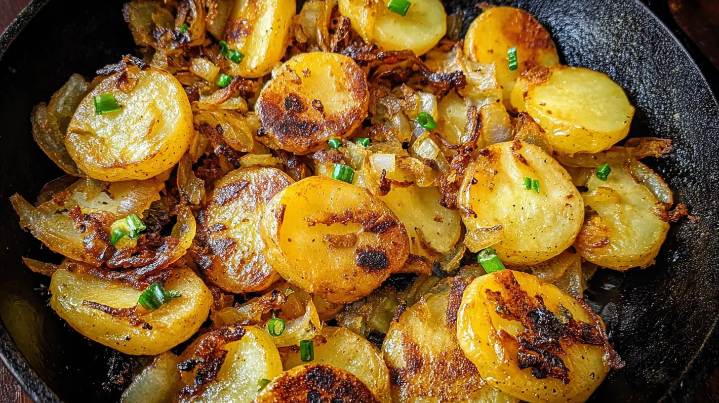 A close-up of crispy fried potatoes and onions in a pan