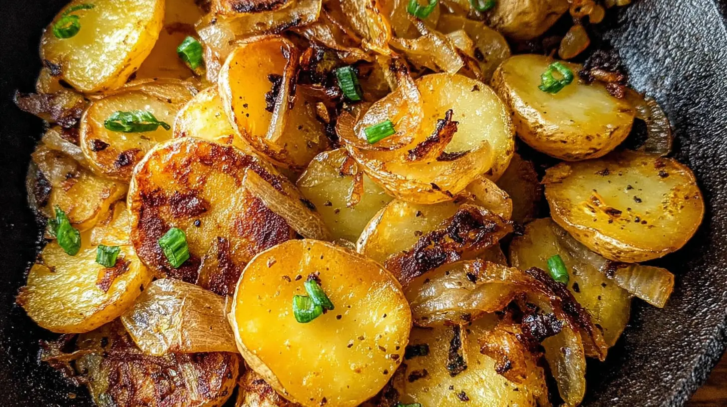 A close-up of golden fried potatoes and onions in a skillet.
