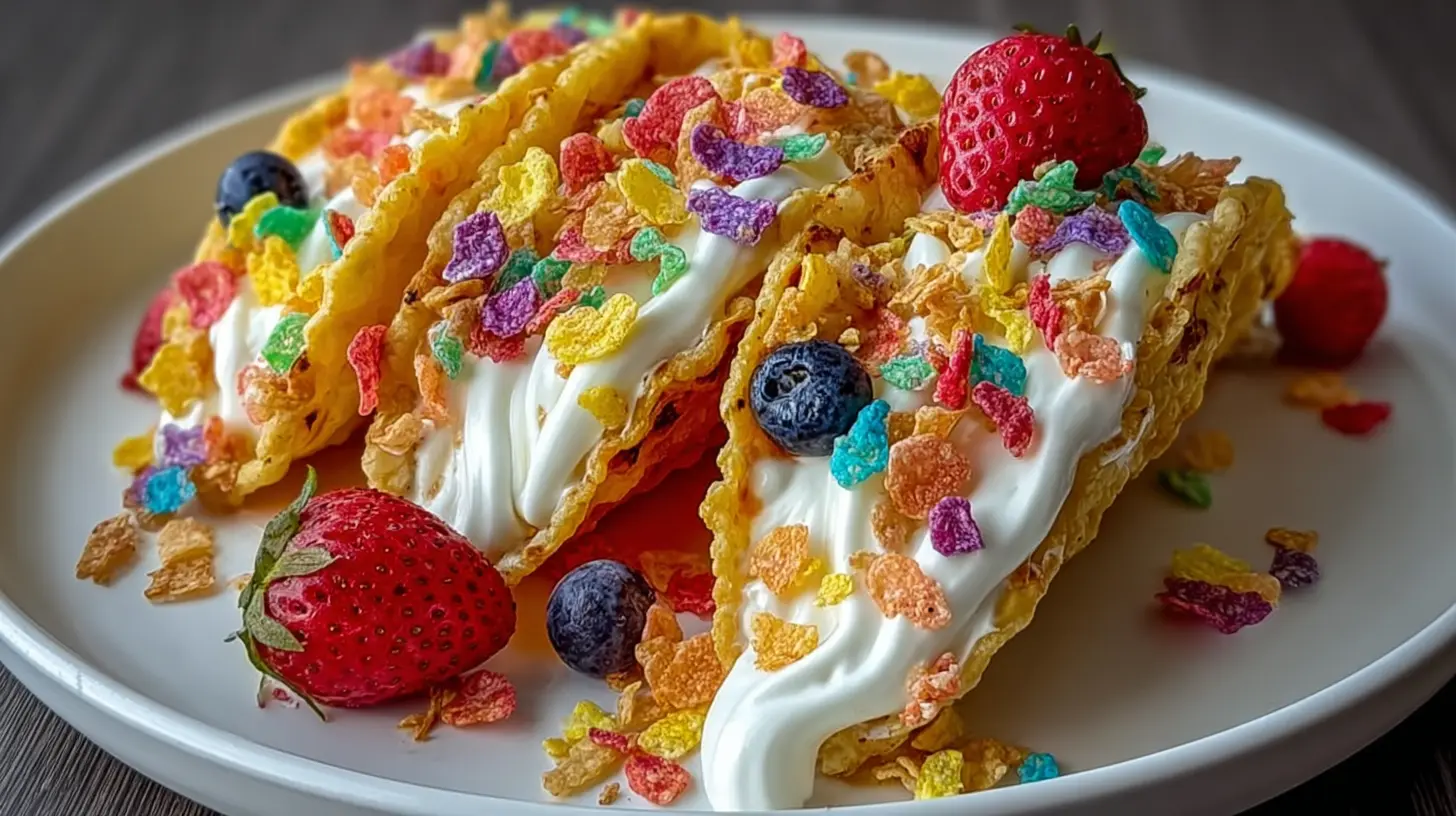 Delicious fruity pebbles cheesecake tacos arranged on a colorful platter