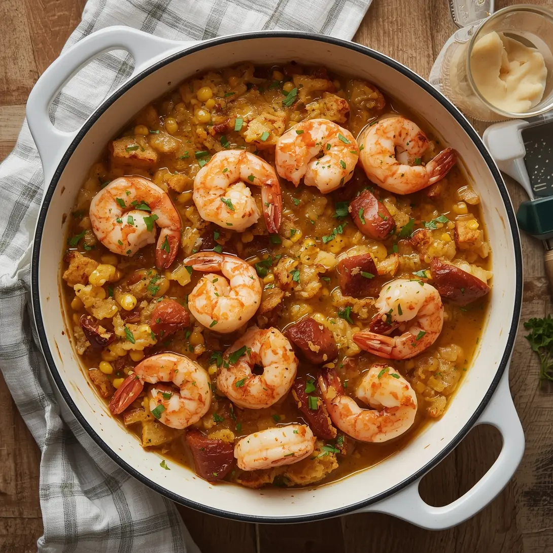 Garlic butter shrimp and cornbread dressing served in a baking dish.