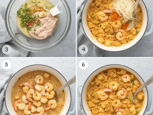 Garlic butter shrimp and cornbread dressing served in a baking dish.