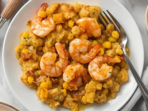 Garlic butter shrimp and cornbread dressing served in a baking dish.