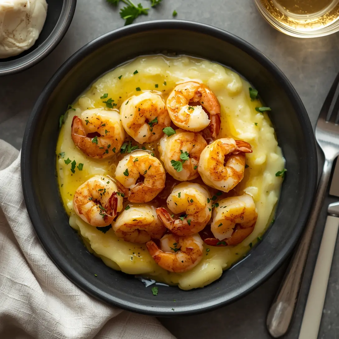 A serving of garlic butter shrimp plated over fluffy mashed potatoes, garnished with herbs.