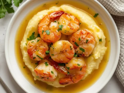 A serving of garlic butter shrimp plated over fluffy mashed potatoes, garnished with herbs.
