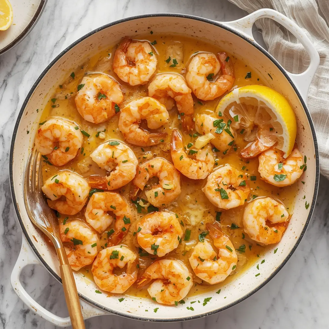 A serving of garlic butter shrimp plated over fluffy mashed potatoes, garnished with herbs.