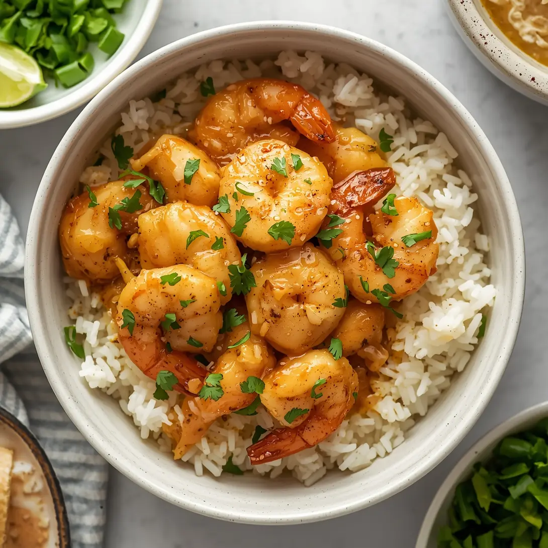 A close-up of vibrant garlic butter shrimp rice bowls garnished with fresh parsley.