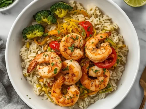 A close-up of vibrant garlic butter shrimp rice bowls garnished with fresh parsley.