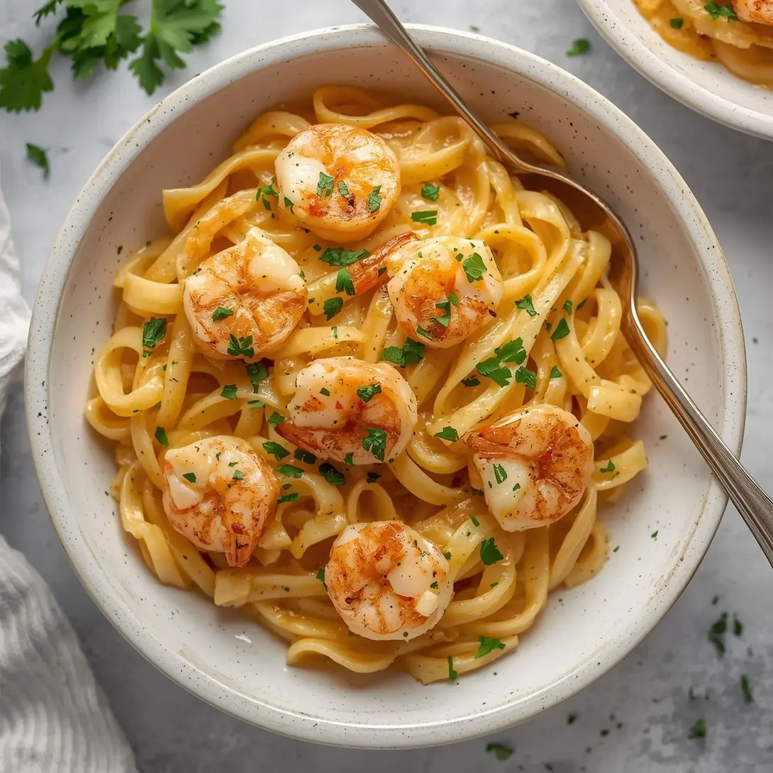 A close-up of a serving of garlic butter shrimp scampi pasta with parsley garnish.