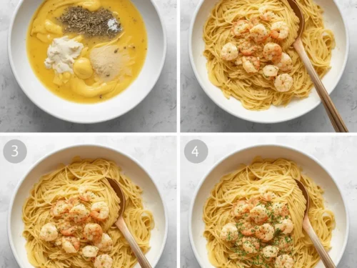 A close-up of a serving of garlic butter shrimp scampi pasta with parsley garnish.