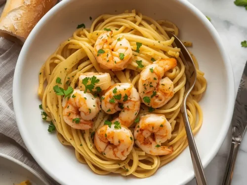 A close-up of a serving of garlic butter shrimp scampi pasta with parsley garnish.