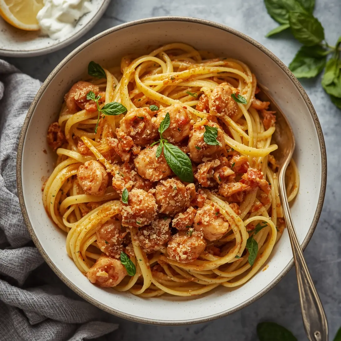 A close-up of a serving of garlic butter shrimp scampi pasta with parsley garnish.