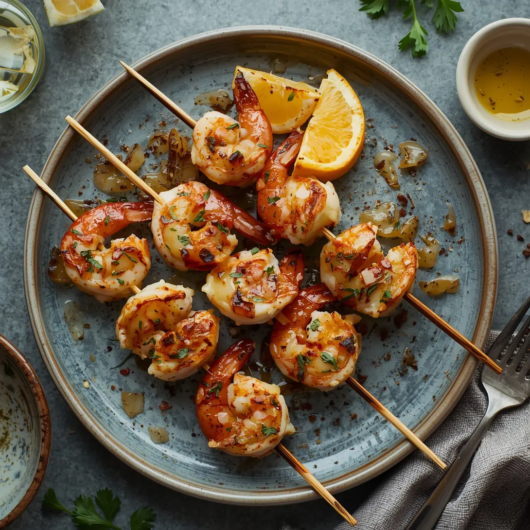 Fresh garlic butter shrimp skewers arranged for grilling
