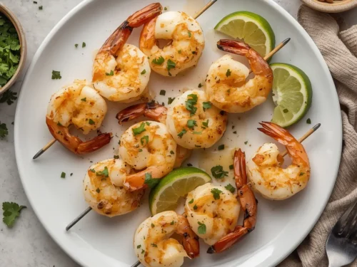 Fresh garlic butter shrimp skewers arranged for grilling