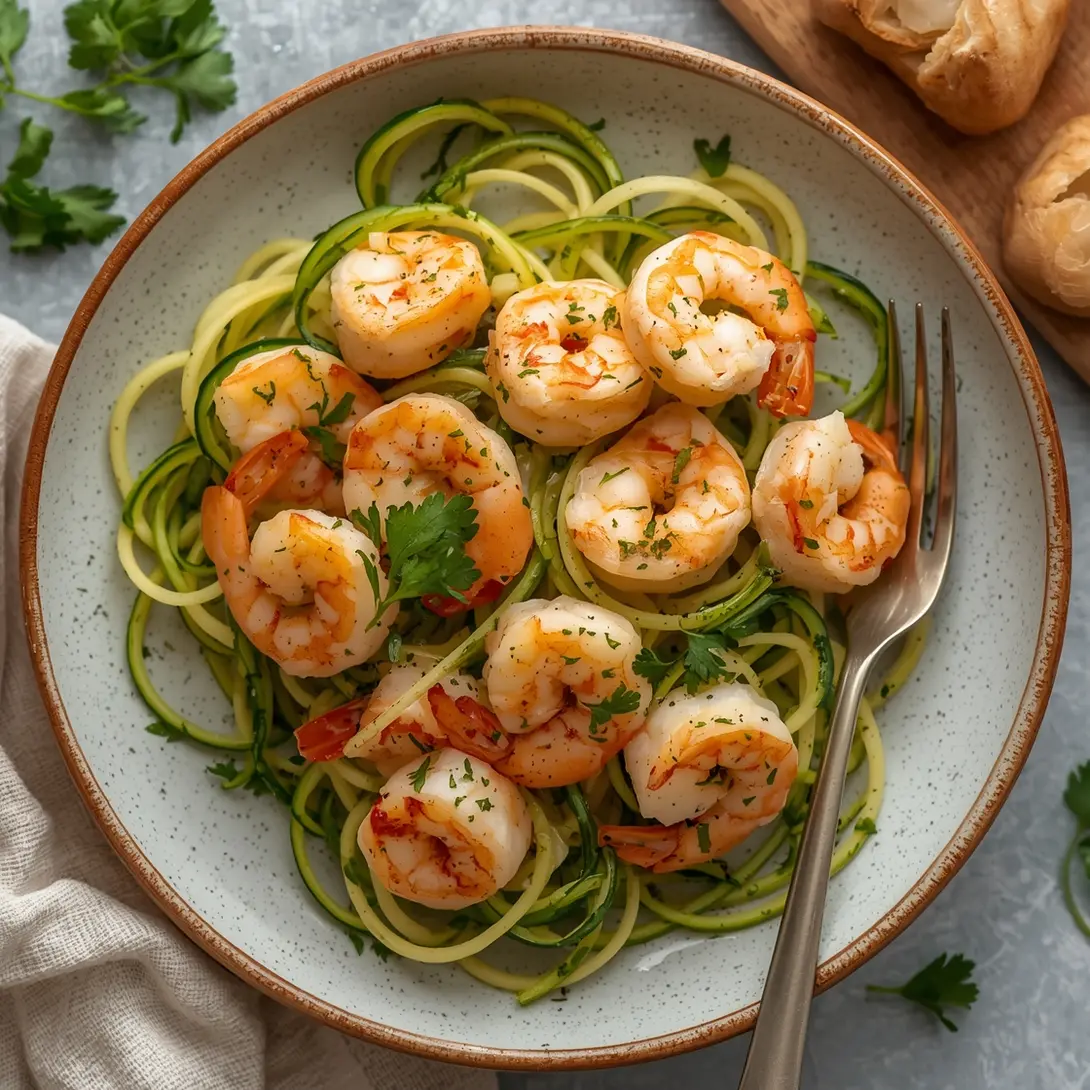 A vibrant plate of garlic butter shrimp with zoodles, garnished with fresh parsley.